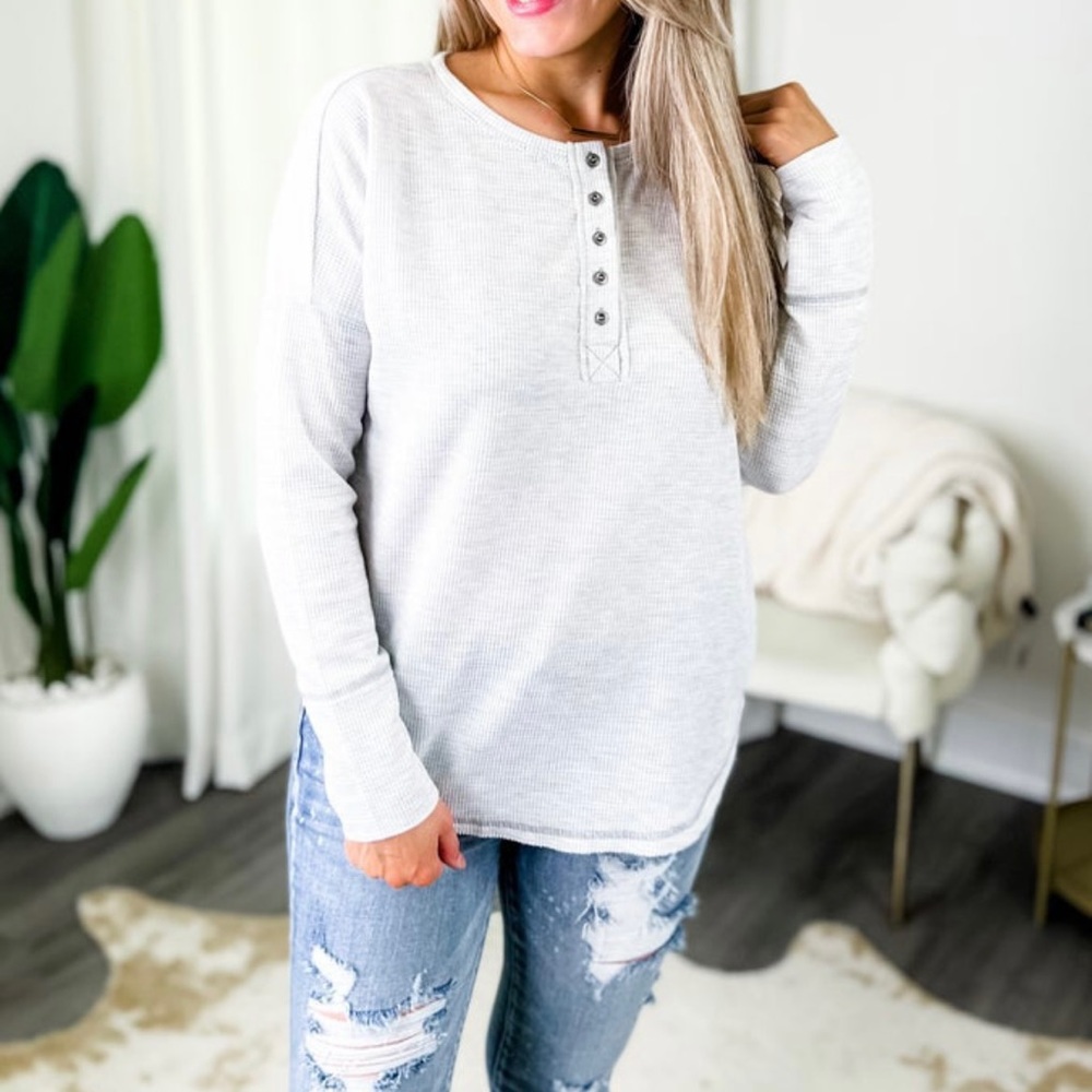 143 Story by Line Up - Thermal Knit Button Up Long Sleeve Top - 1X - Grey